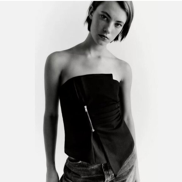 ZARA NEW WOMAN SS22 BLACK Zippered ASYMMETRIC BUSTIER - Size S NEW WITH TAG! - Picture 2 of 11